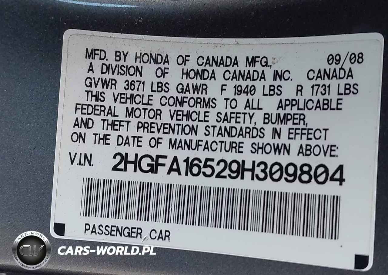 2009 Honda Civic Lx VIN:2HGFA16529H309804 - 9