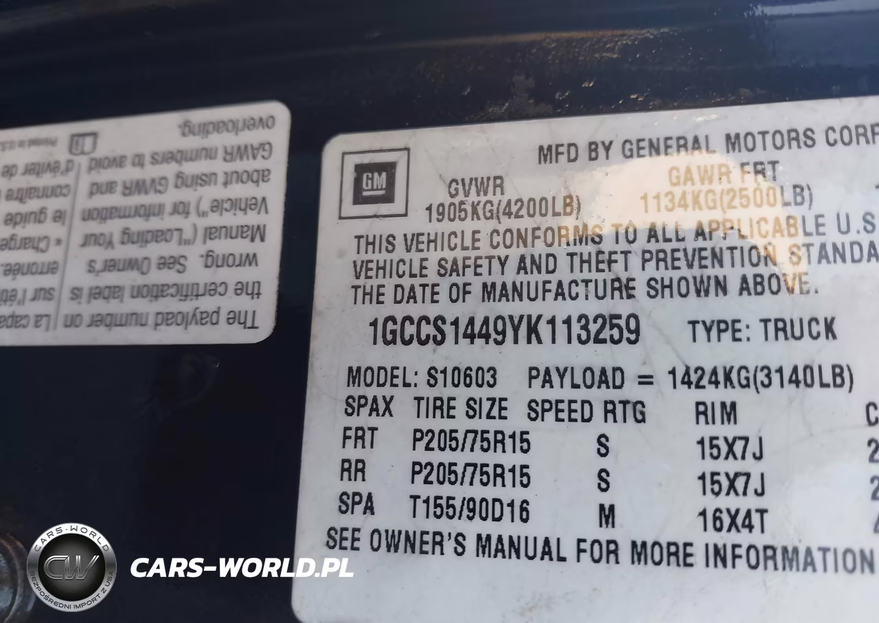 2000 Chevrolet S-10 Ls VIN:1GCCS1449YK113259 - 9