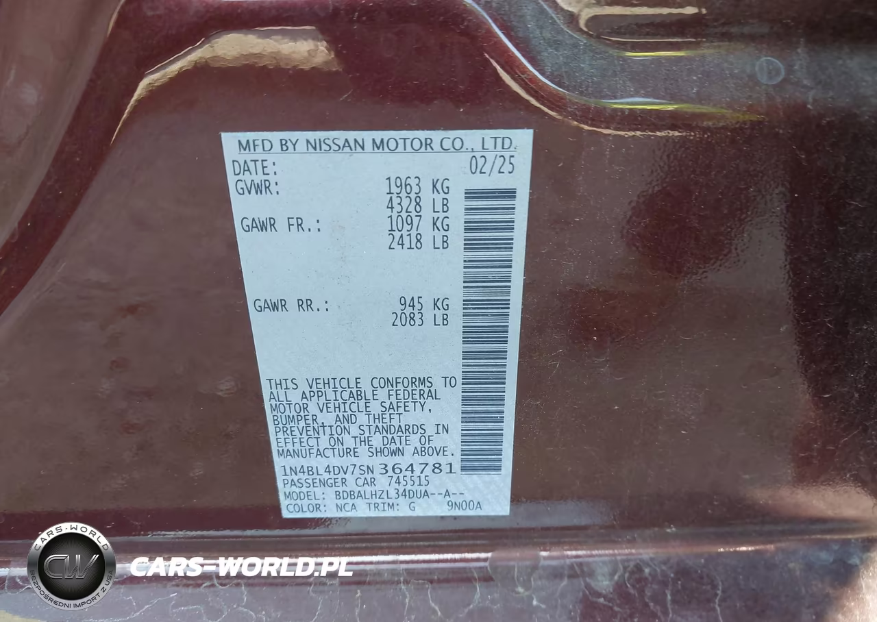 2025 Nissan Altima Sv Fwd VIN:1N4BL4DV7SN364781 - 9