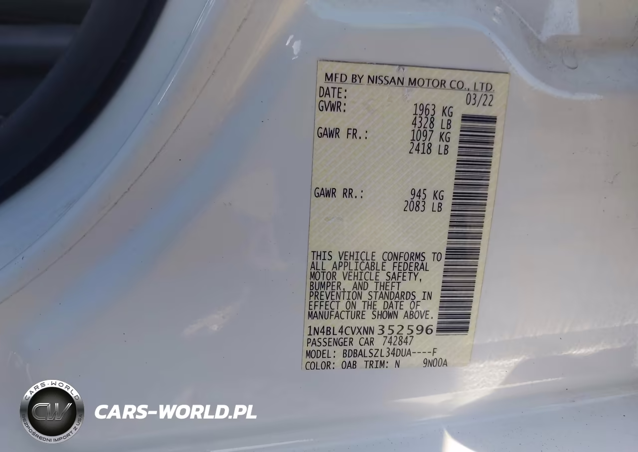2022 Nissan Altima Sr Fwd VIN:1N4BL4CVXNN352596 - 9