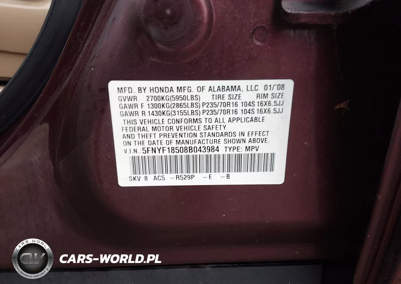 2008 Honda Pilot Ex-L VIN:5FNYF18508B043984 - 9