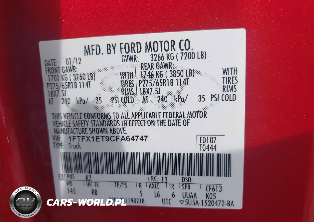 2012 Ford F-150 Fx4 VIN:1FTFX1ET9CFA64747 - 9