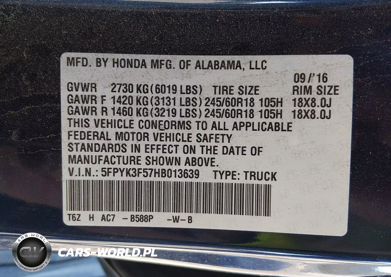 2017 Honda Ridgeline Rtl VIN:5FPYK3F57HB013639 - 9