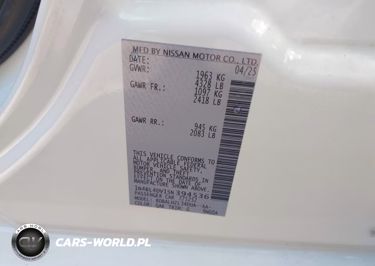 2025 Nissan Altima Sv Fwd VIN:1N4BL4DV1SN394536 - 9