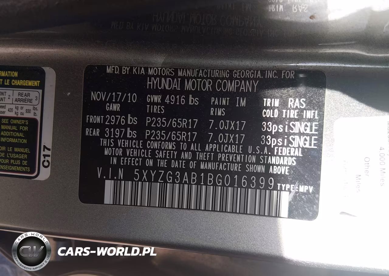 2011 Hyundai Santa Fe Gls VIN:5XYZG3AB1BG016399 - 9