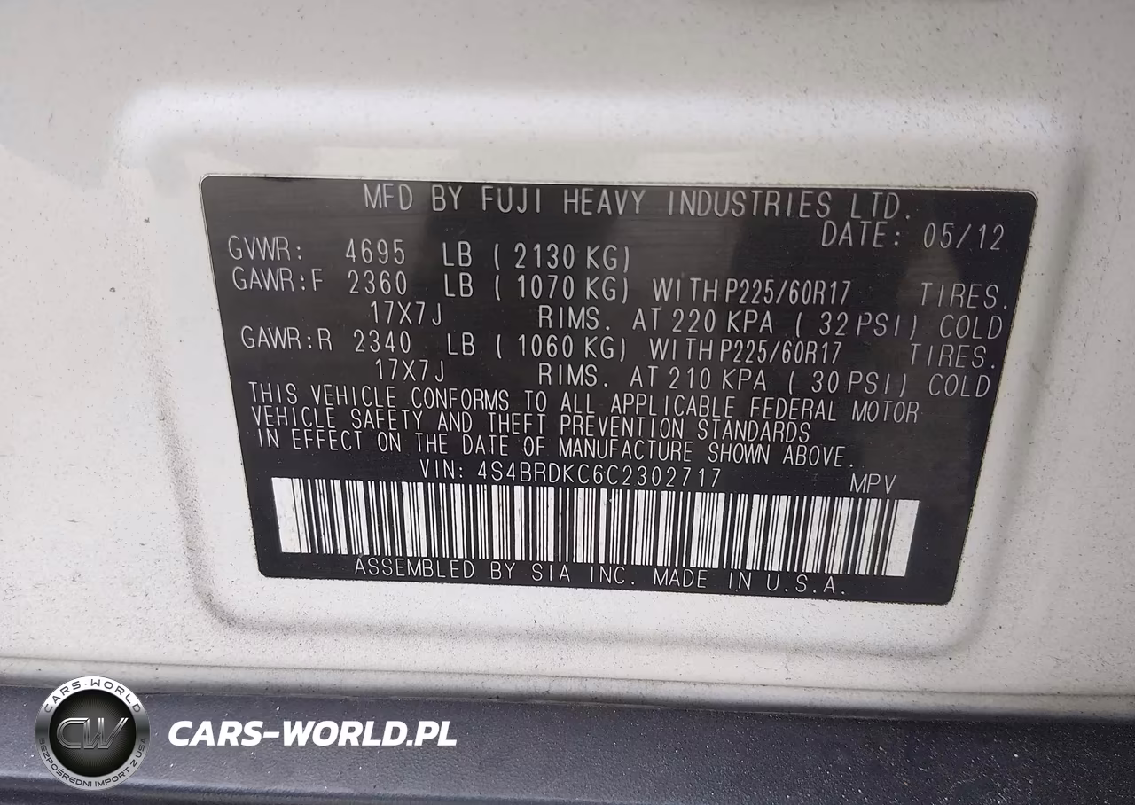 2012 Subaru Outback 3.6R Limited VIN:4S4BRDKC6C2302717 - 9