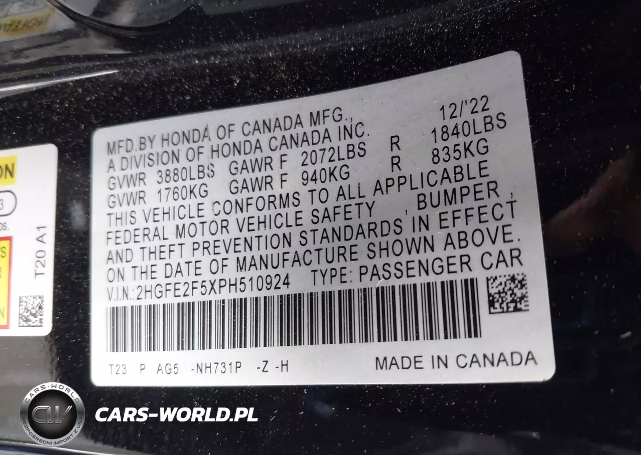 2023 Honda Civic Sport VIN:2HGFE2F5XPH510924 - 9