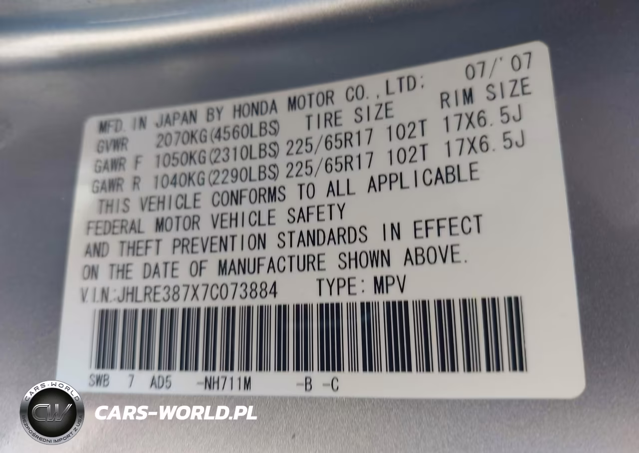 2007 Honda Cr-V Ex-L VIN:JHLRE387X7C073884 - 9