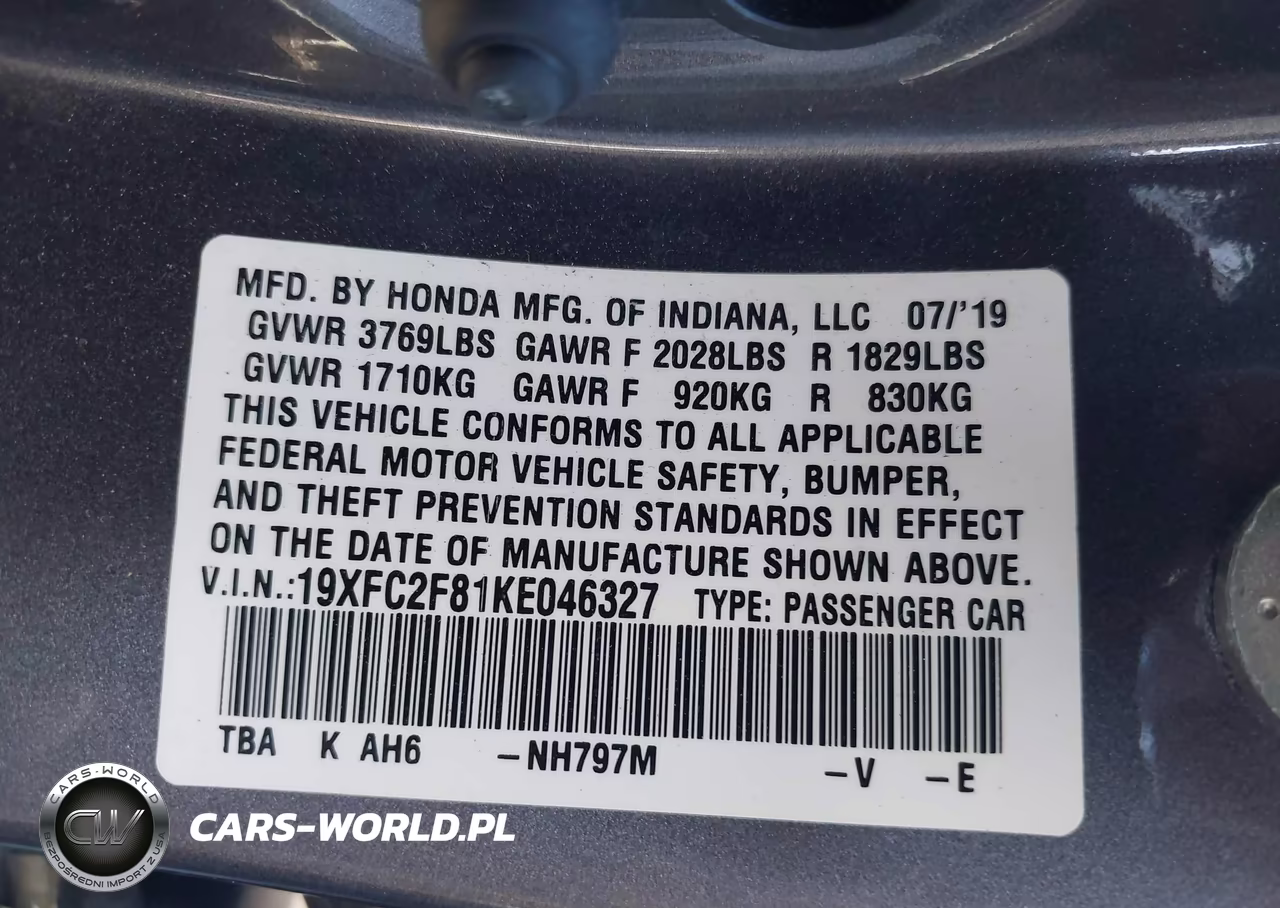 2019 Honda Civic Sport VIN:19XFC2F81KE046327 - 9