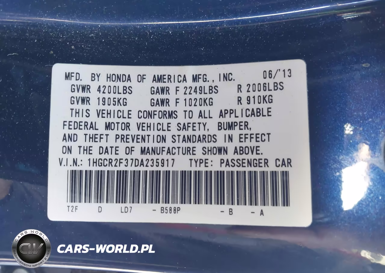 2013 Honda Accord Lx VIN:1HGCR2F37DA235917 - 9