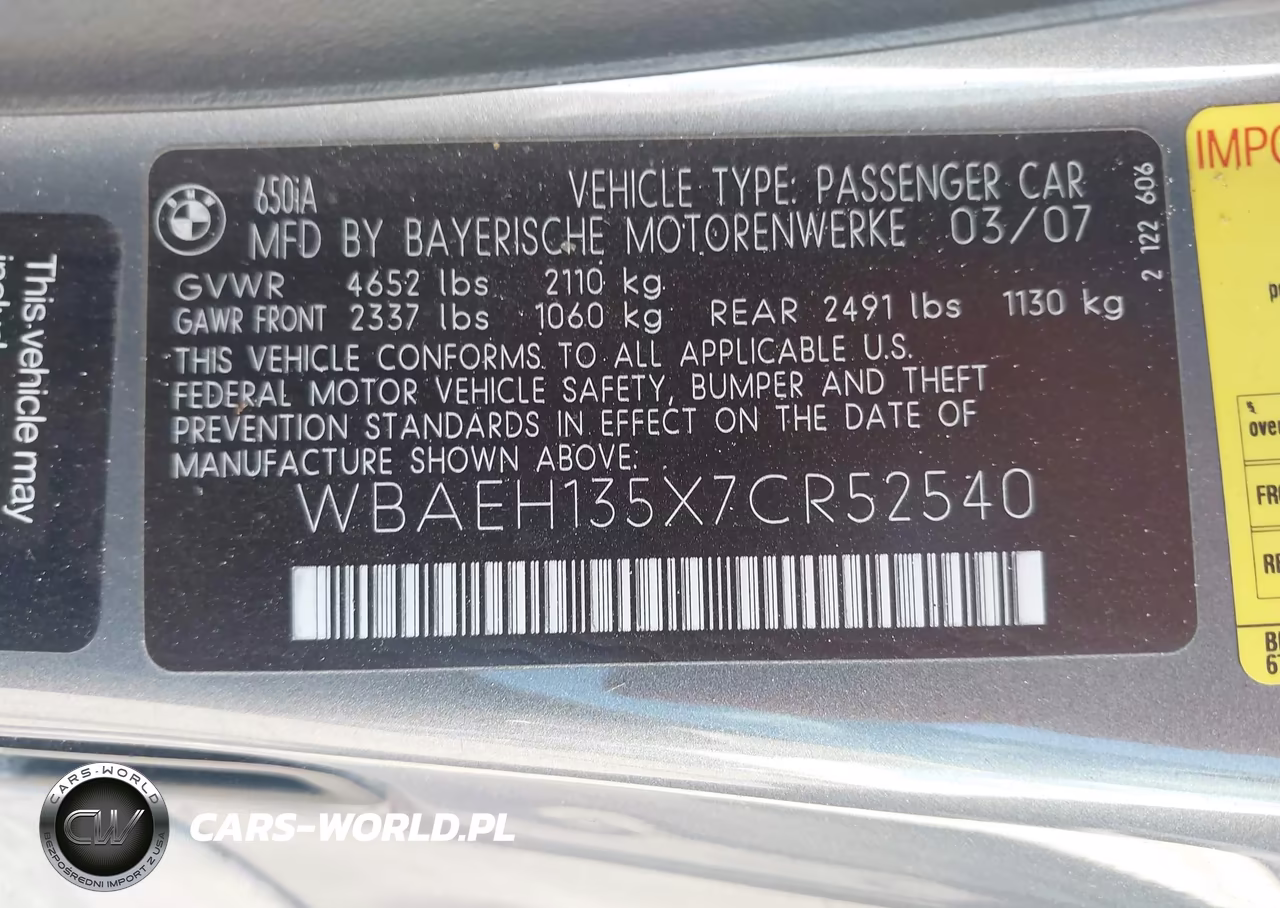 2007 BMW 650I VIN:WBAEH135X7CR52540 - 9