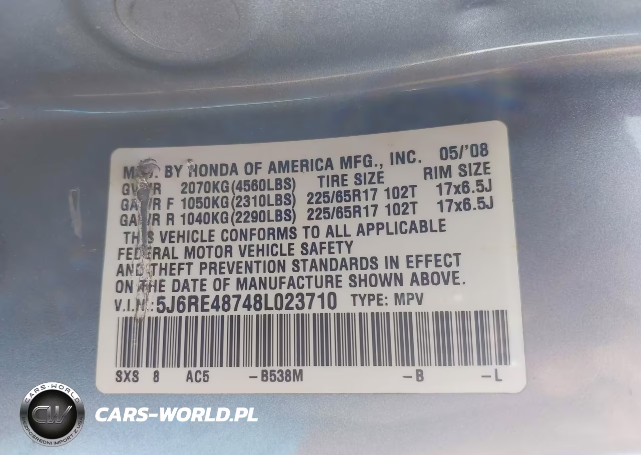 2008 Honda Cr-V Ex-L VIN:5J6RE48748L023710 - 9