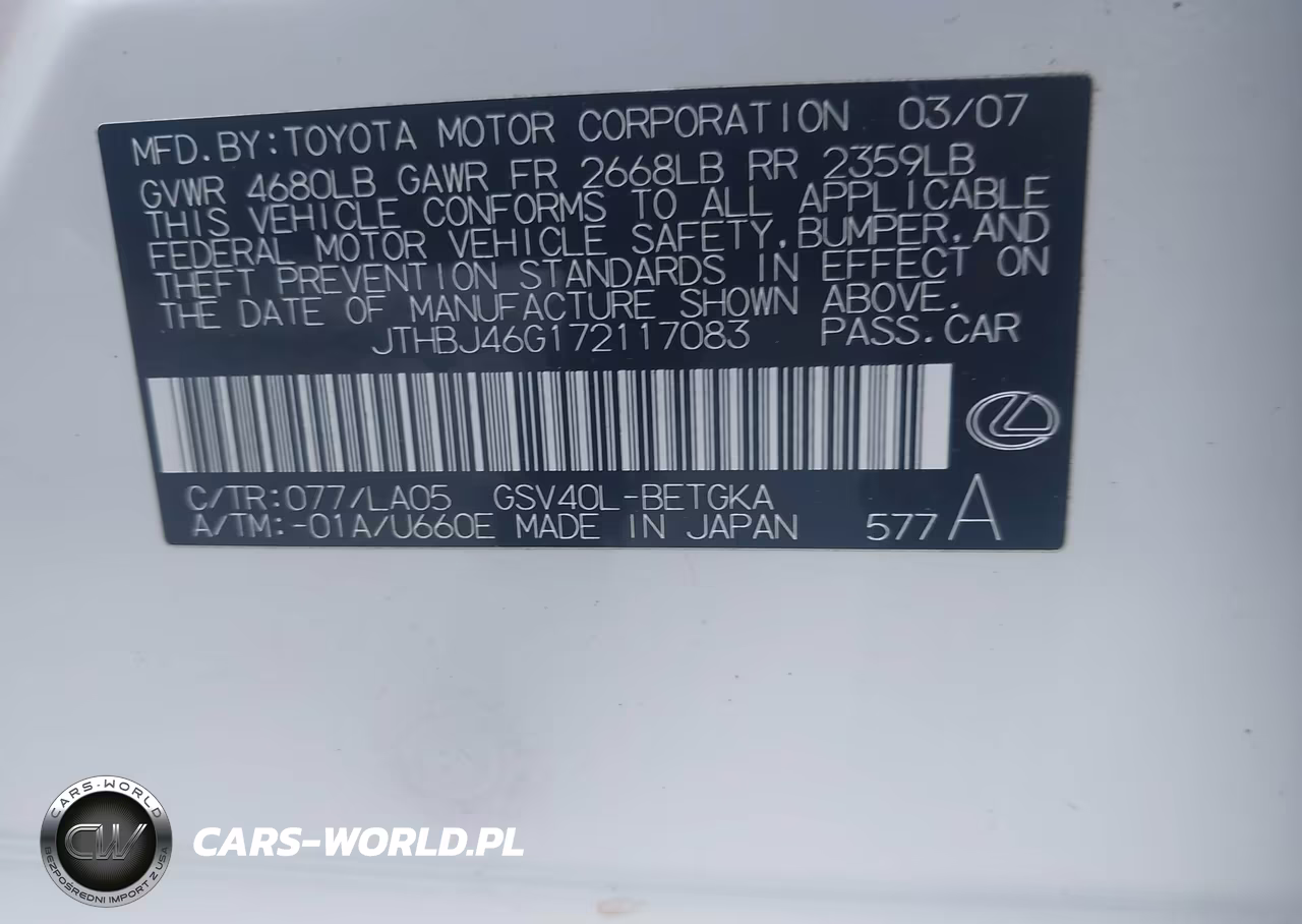 2007 Lexus Es 350 VIN:JTHBJ46G172117083 - 9