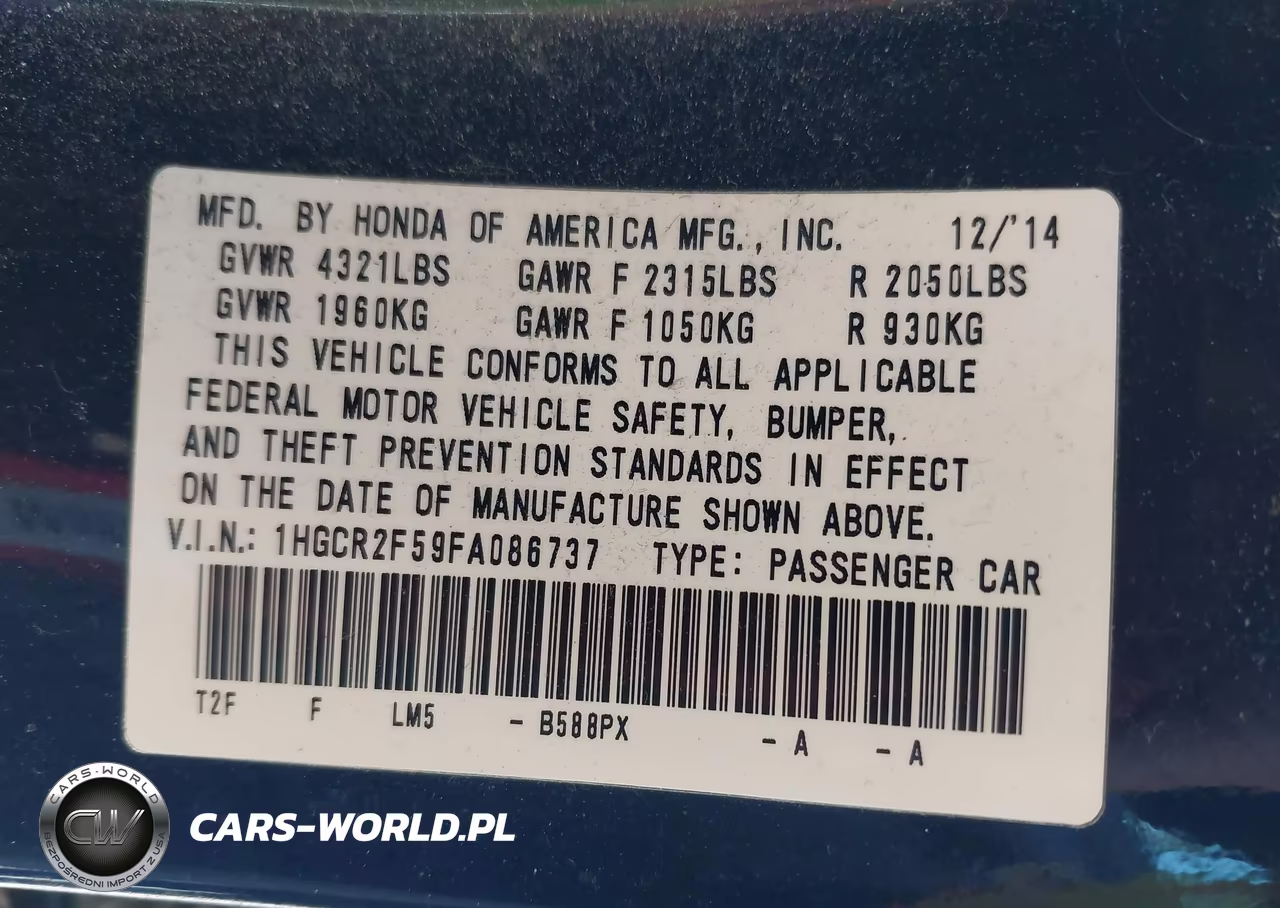 2015 Honda Accord Sport VIN:1HGCR2F59FA086737 - 9