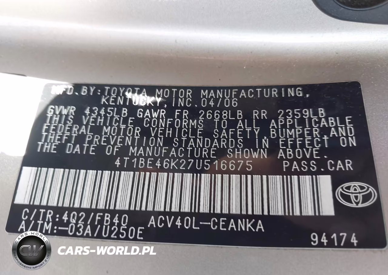 2007 Toyota Camry Le VIN:4T1BE46K27U516675 - 9