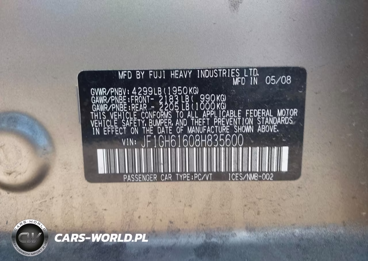 2008 Subaru Impreza 2.5I VIN:JF1GH61608H835600 - 9