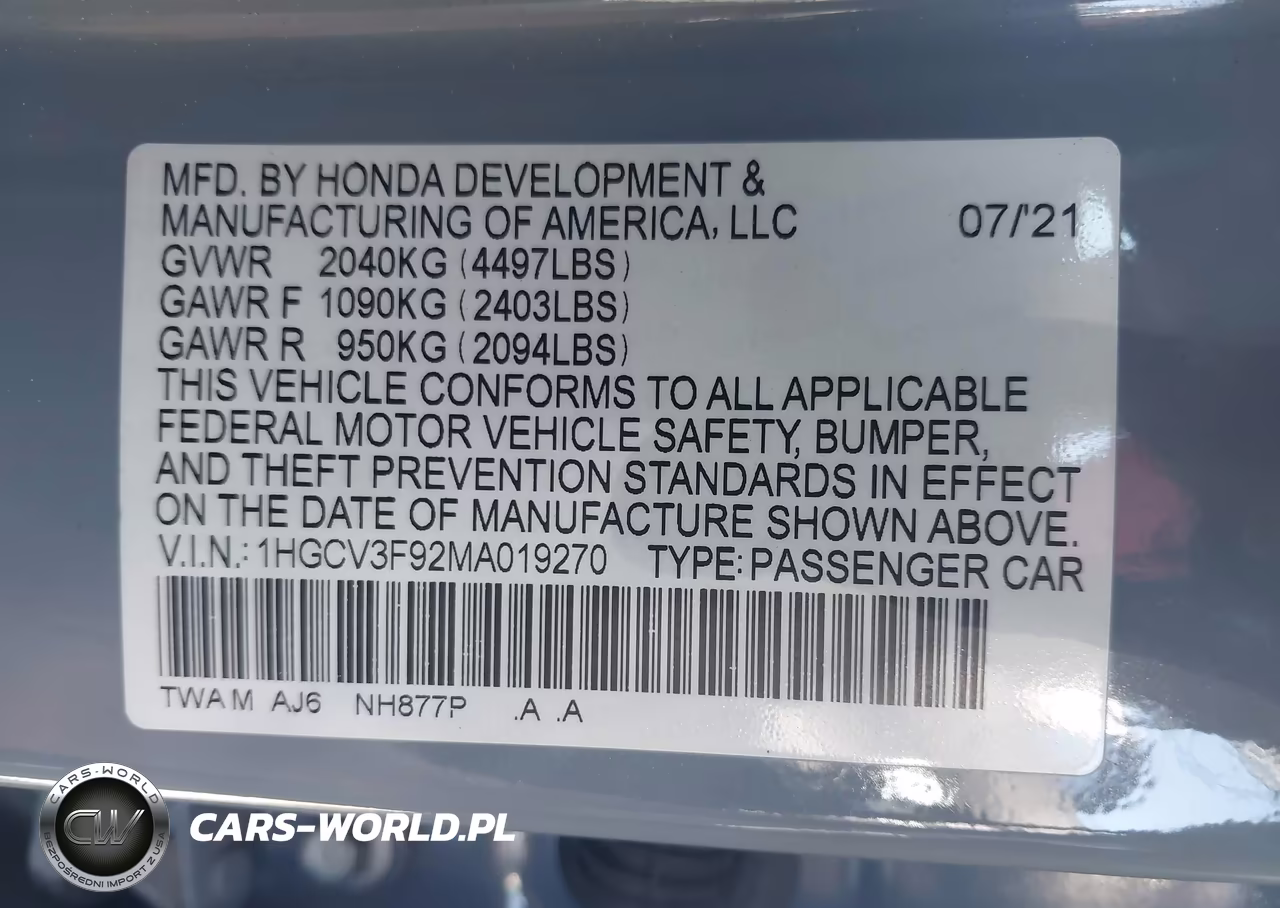 2021 Honda Accord Hybrid Touring VIN:1HGCV3F92MA019270 - 9
