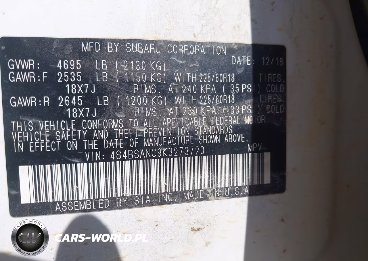 2019 Subaru Outback 2.5I Limited VIN:4S4BSANC9K3273723 - 9