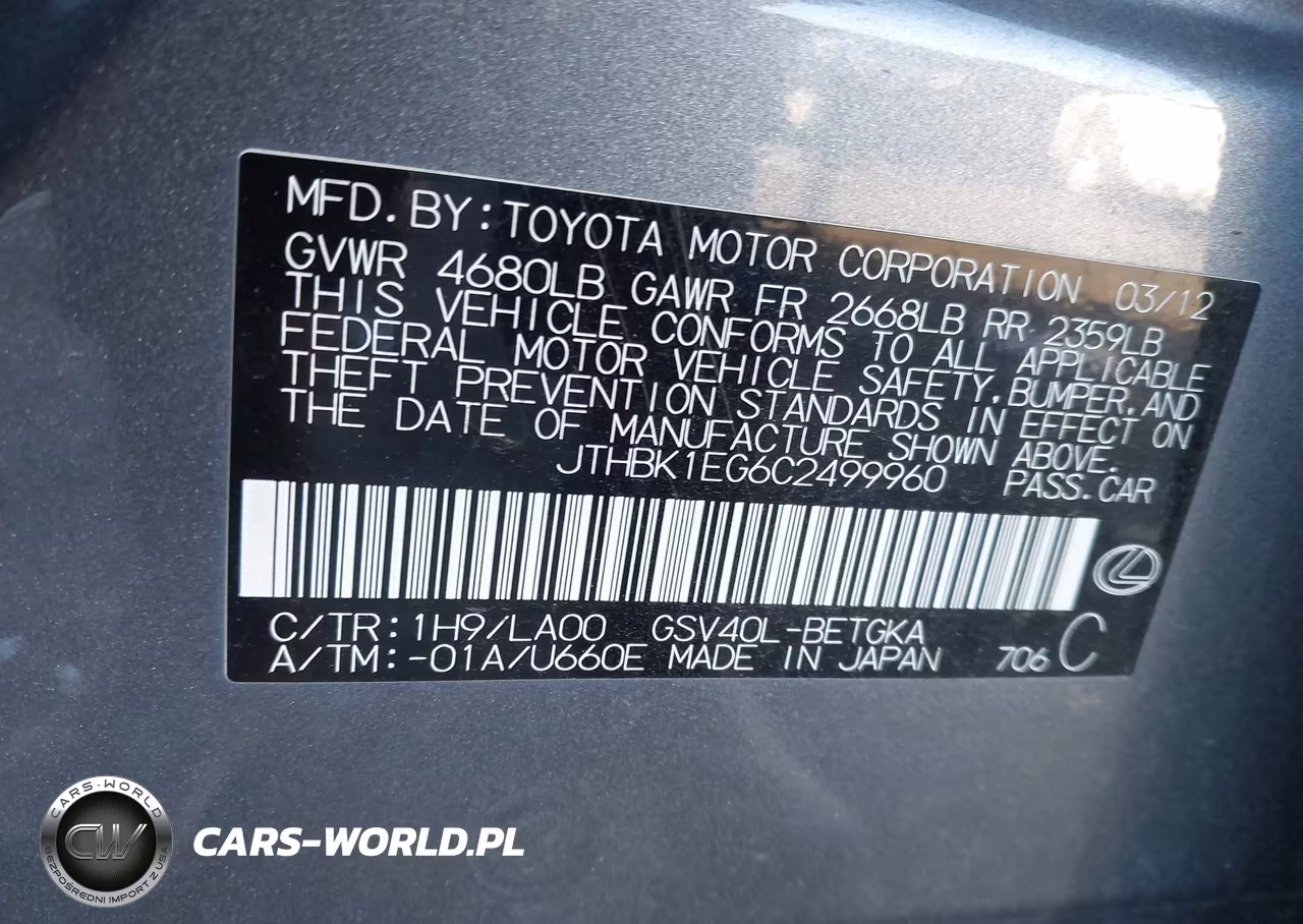 2012 Lexus Es 350 VIN:JTHBK1EG6C2499960 - 9
