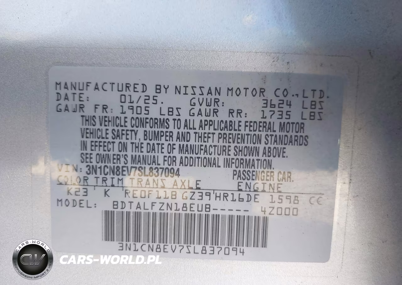 2025 Nissan Versa 1.6 Sv VIN:3N1CN8EV7SL837094 - 9