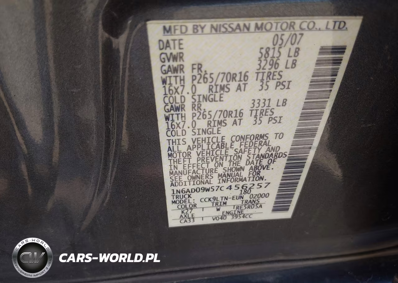 2007 Nissan Frontier Se VIN:1N6AD09W57C456257 - 9