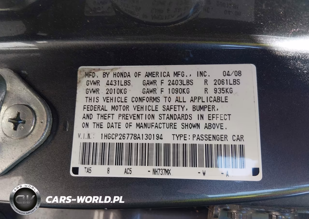 2008 Honda Accord 2.4 Ex VIN:1HGCP26778A130194 - 9