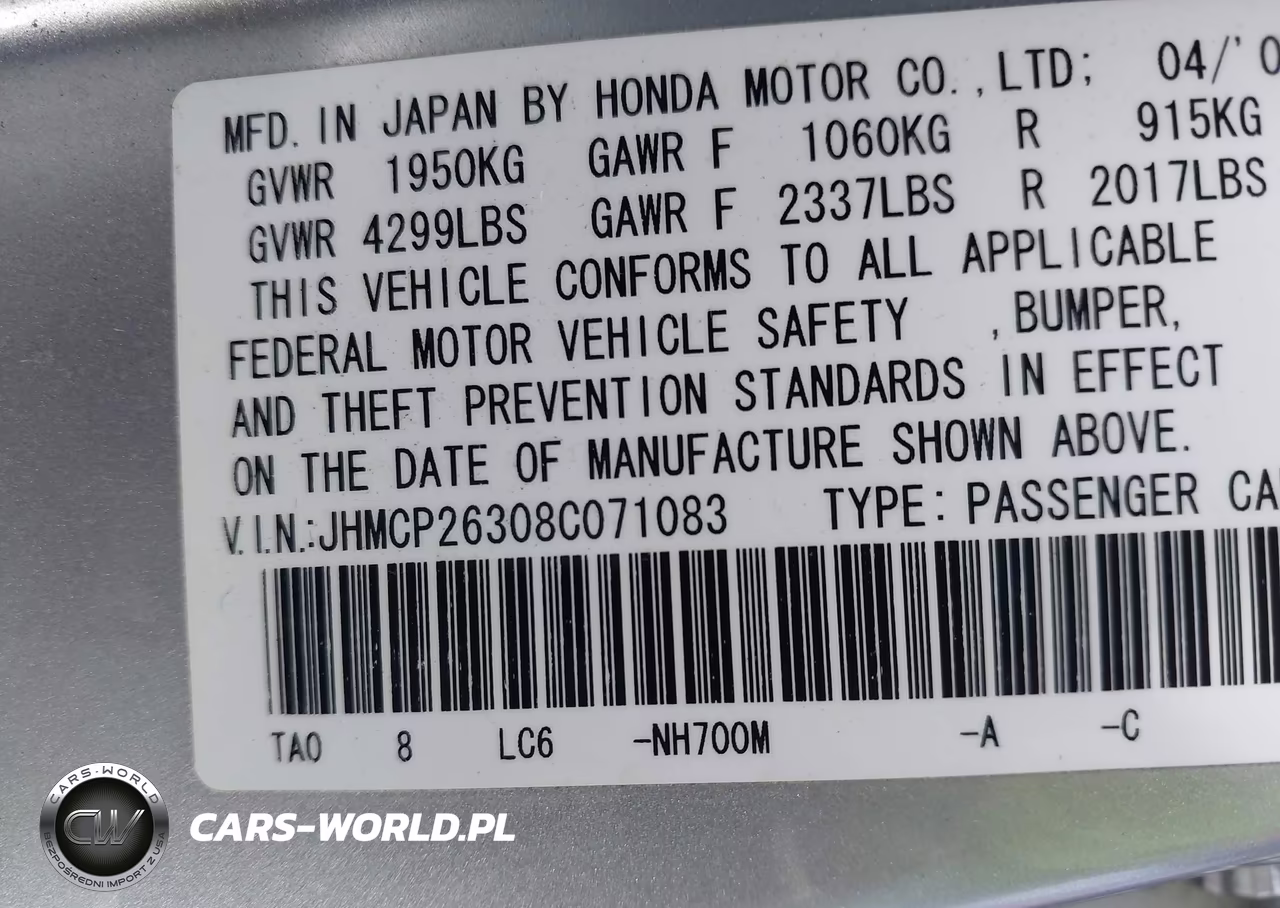 2008 Honda Accord 2.4 Lx VIN:JHMCP26308C071083 - 9