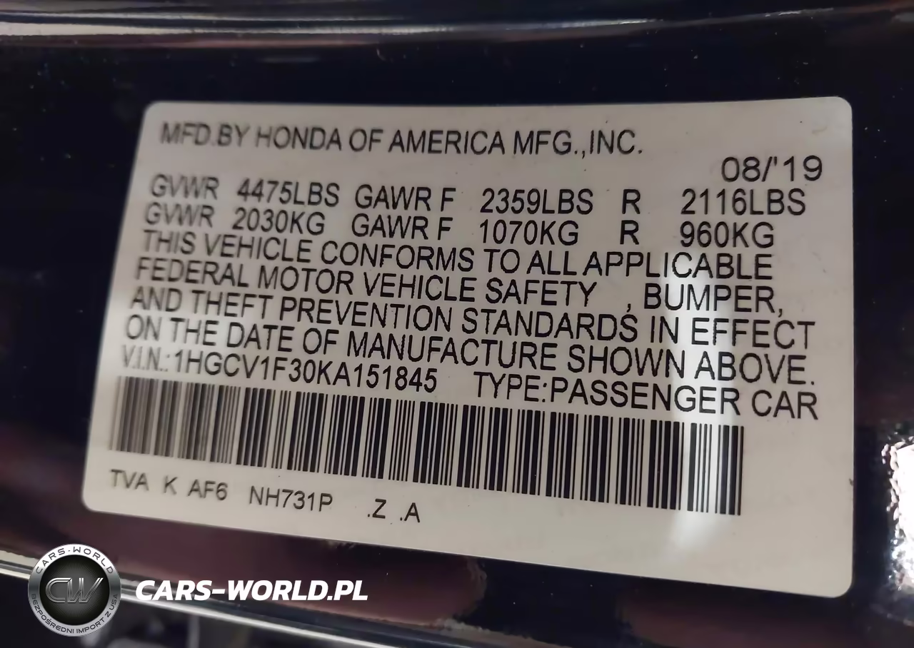 2019 Honda Accord Sport VIN:1HGCV1F30KA151845 - 9