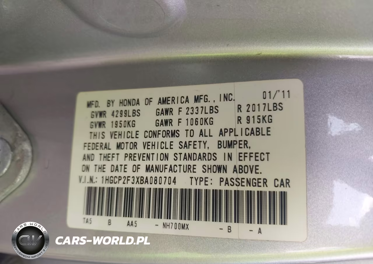 2011 Honda Accord 2.4 Lx VIN:1HGCP2F3XBA080704 - 9
