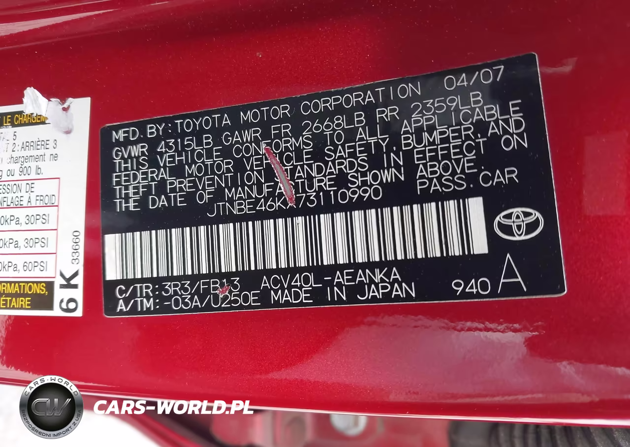 2007 Toyota Camry VIN:JTNBE46KX73110990 - 9