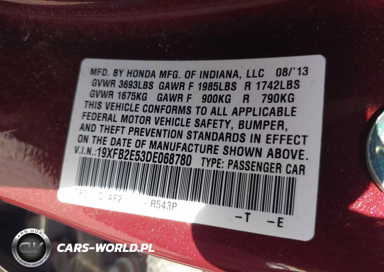 2013 Honda Civic Lx VIN:19XFB2E53DE068780 - 9