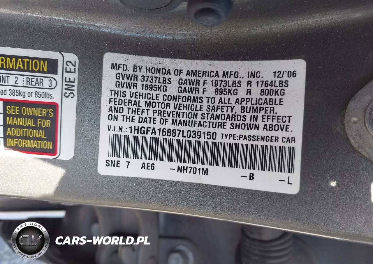 2007 Honda Civic Ex VIN:1HGFA16887L039150 - 9