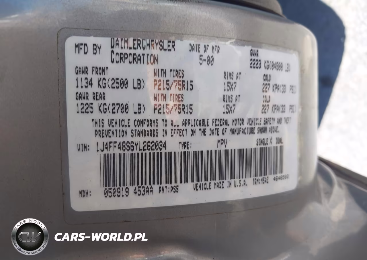 2000 Jeep Cherokee Sport VIN:1J4FF48S6YL262034 - 9