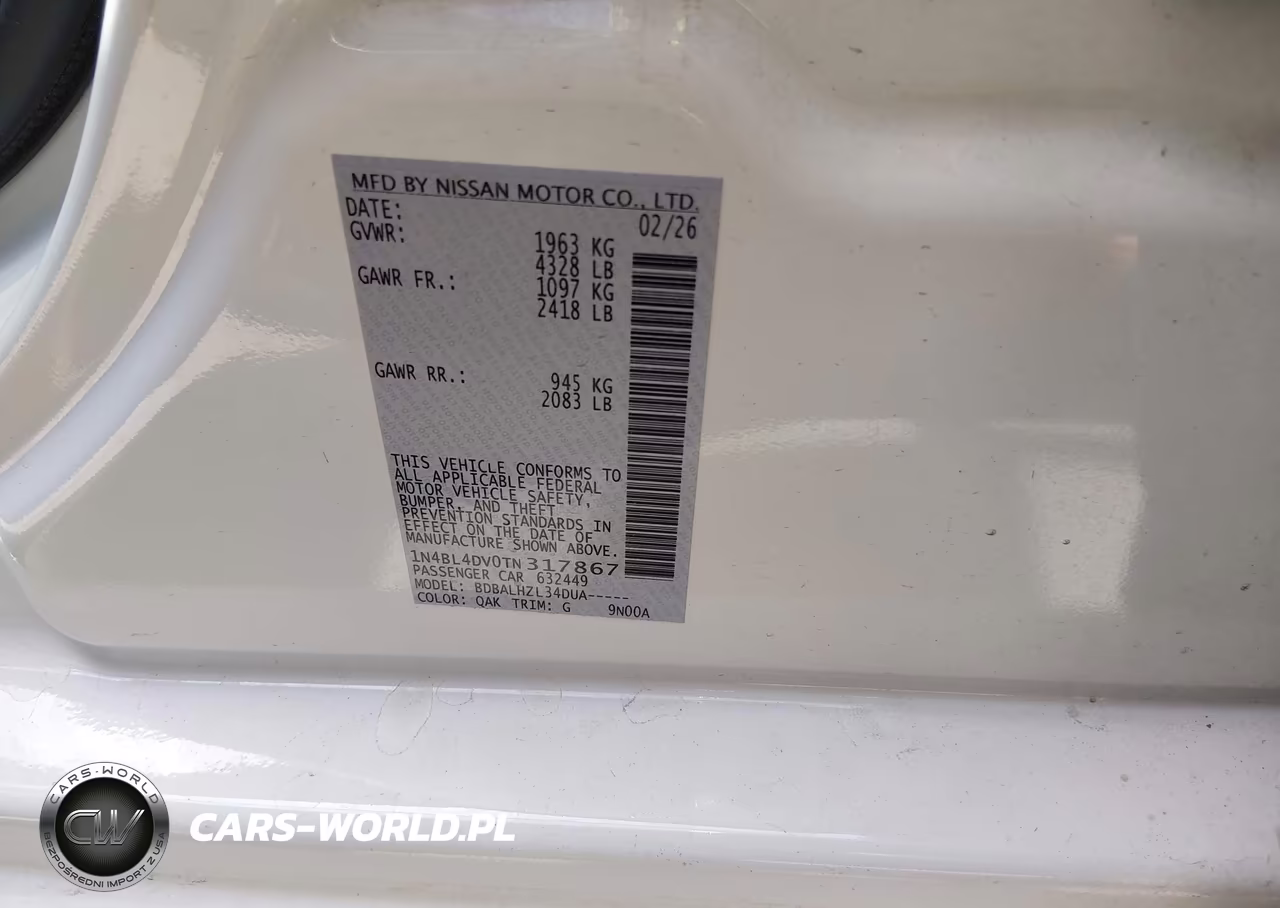 2026 Nissan Altima Sv Fwd VIN:1N4BL4DV0TN317867 - 9