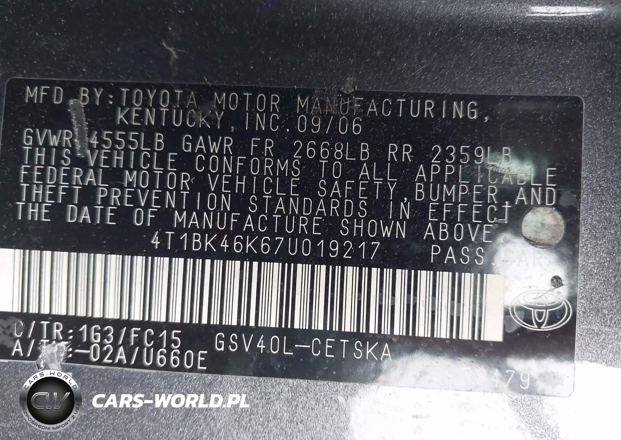 2007 Toyota Camry Se V6 VIN:4T1BK46K67U019217 - 9