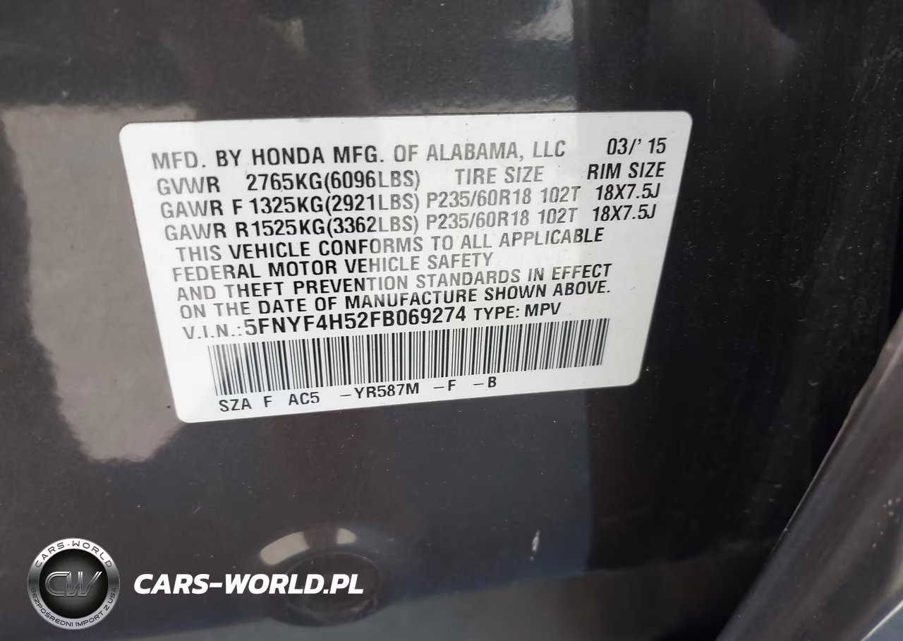 2015 Honda Pilot Ex-L VIN:5FNYF4H52FB069274 - 9