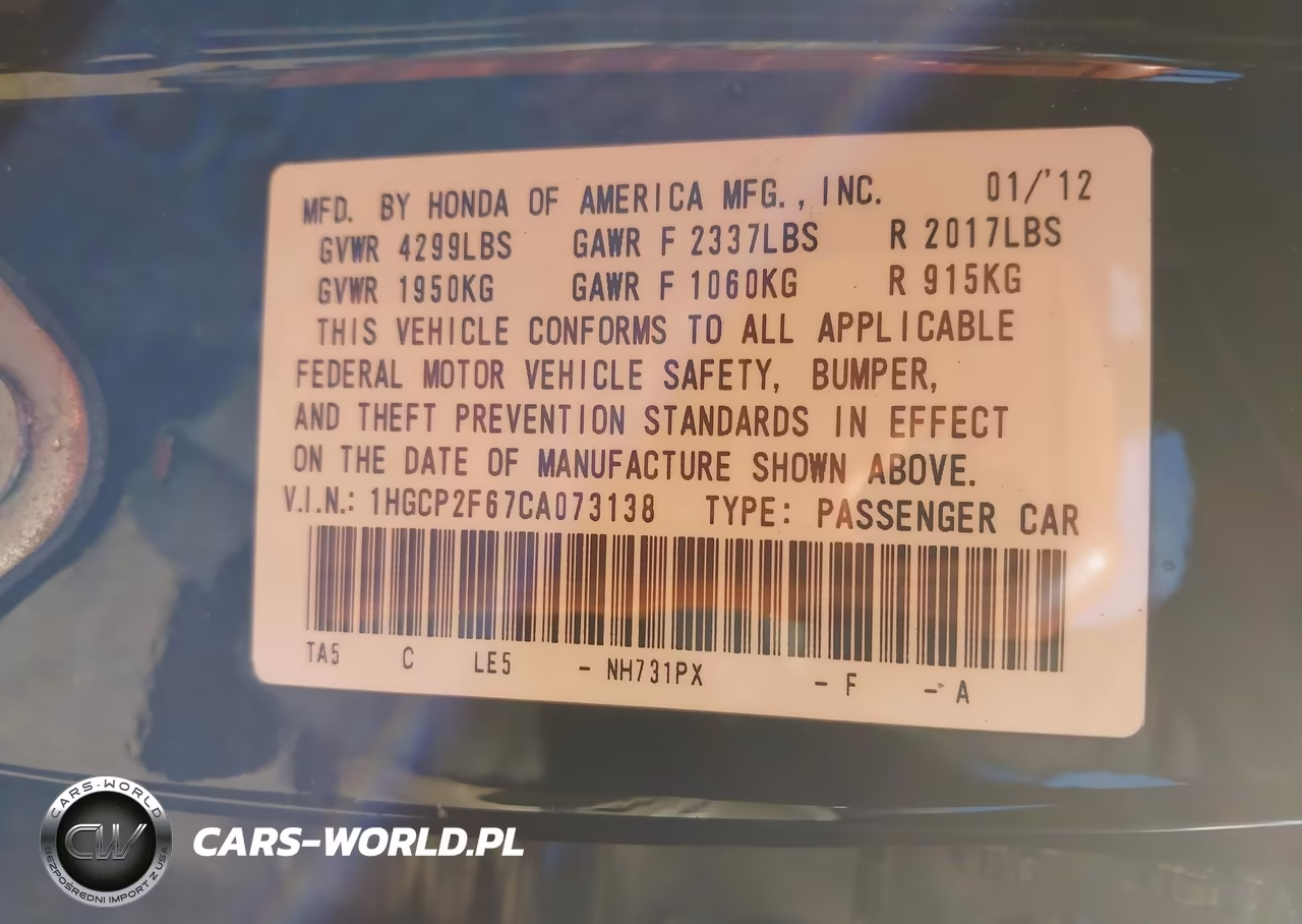 2012 Honda Accord 2.4 Se VIN:1HGCP2F67CA073138 - 9