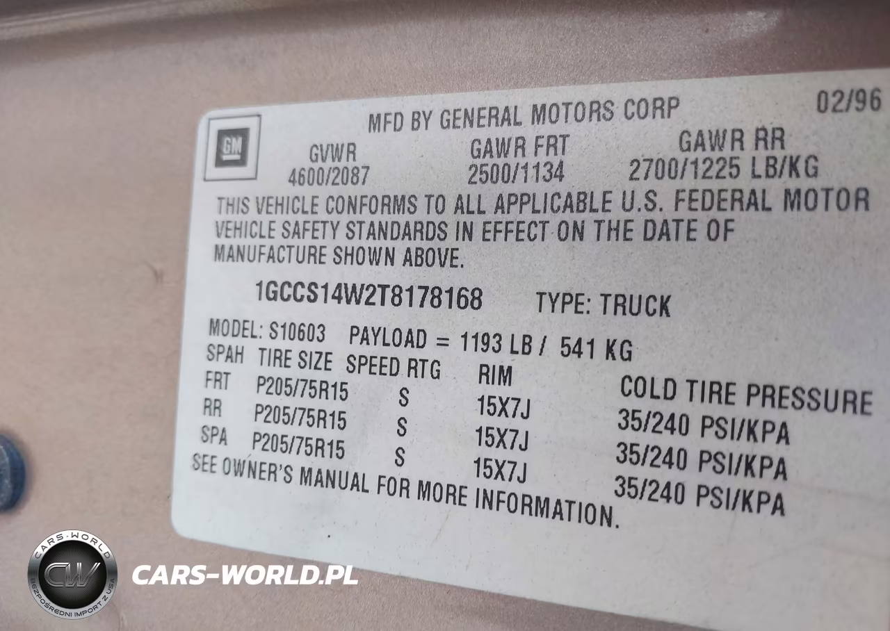 1996 Chevrolet S Truck S10 VIN:1GCCS14W2T8178168 - 9