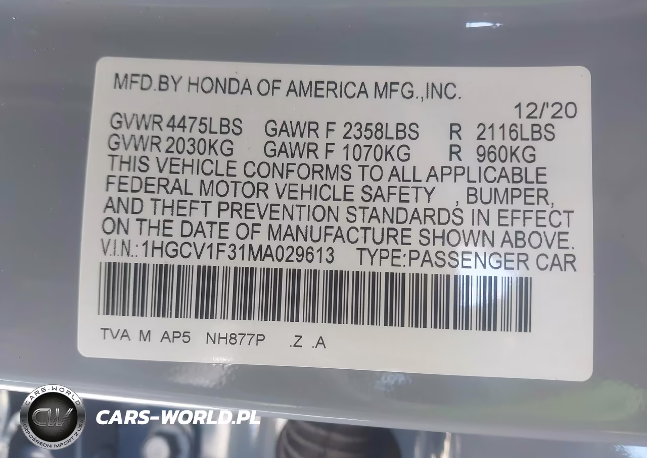 2021 Honda Accord Sport VIN:1HGCV1F31MA029613 - 9