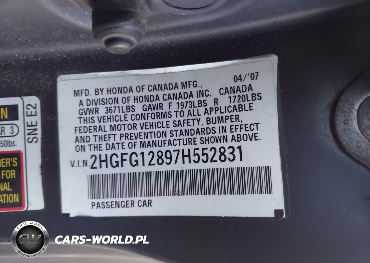 2007 Honda Civic Ex VIN:2HGFG12897H552831 - 9