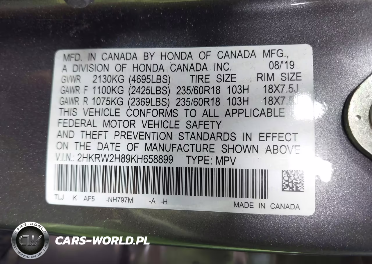 2019 Honda Cr-V Ex-L VIN:2HKRW2H89KH658899 - 9