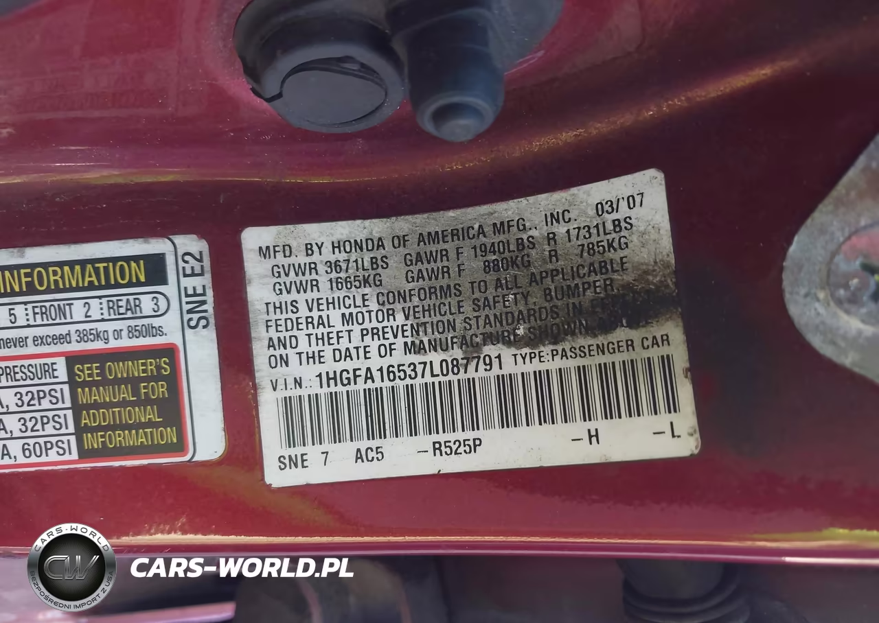2007 Honda Civic Lx VIN:1HGFA16537L087791 - 9
