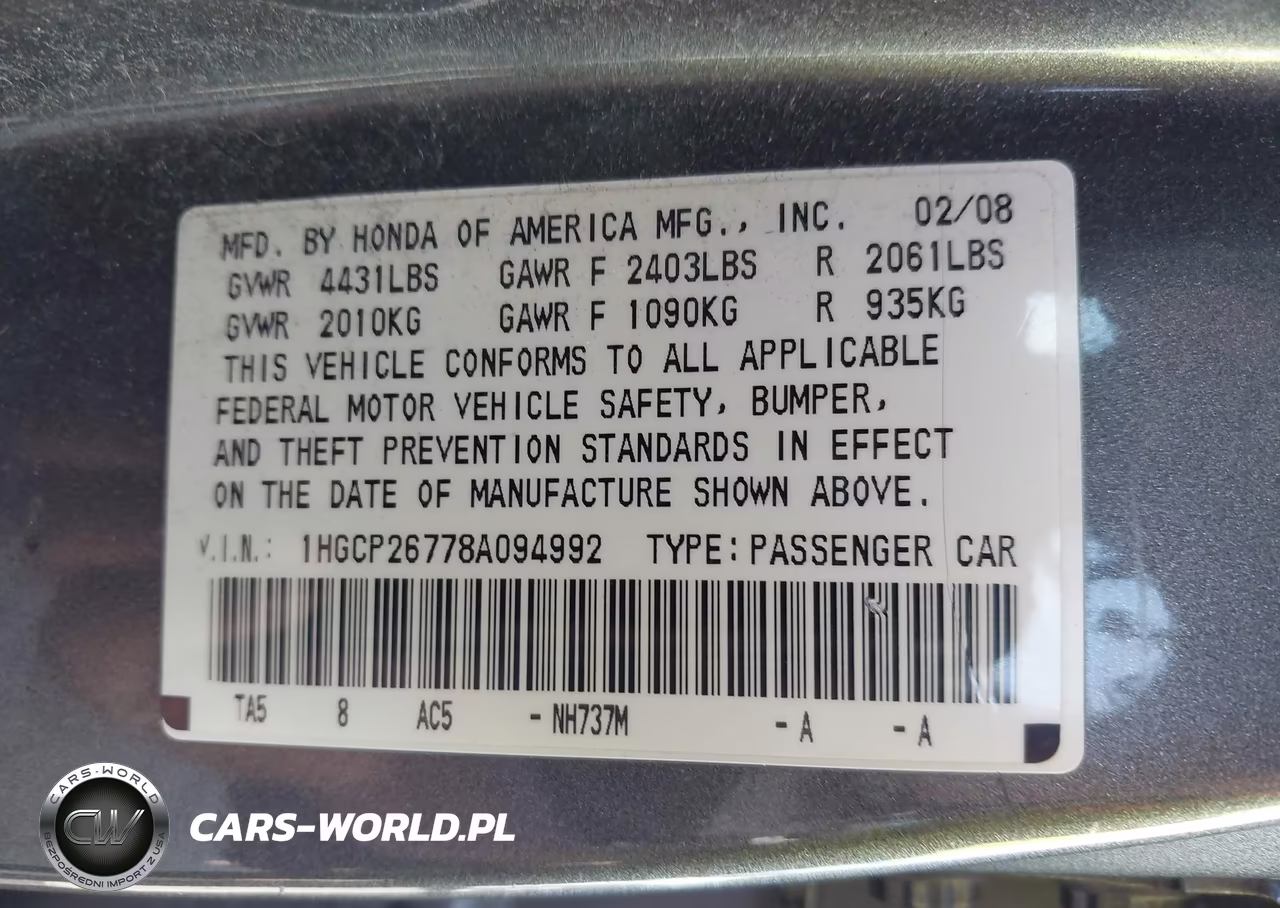 2008 Honda Accord 2.4 Ex VIN:1HGCP26778A094992 - 9