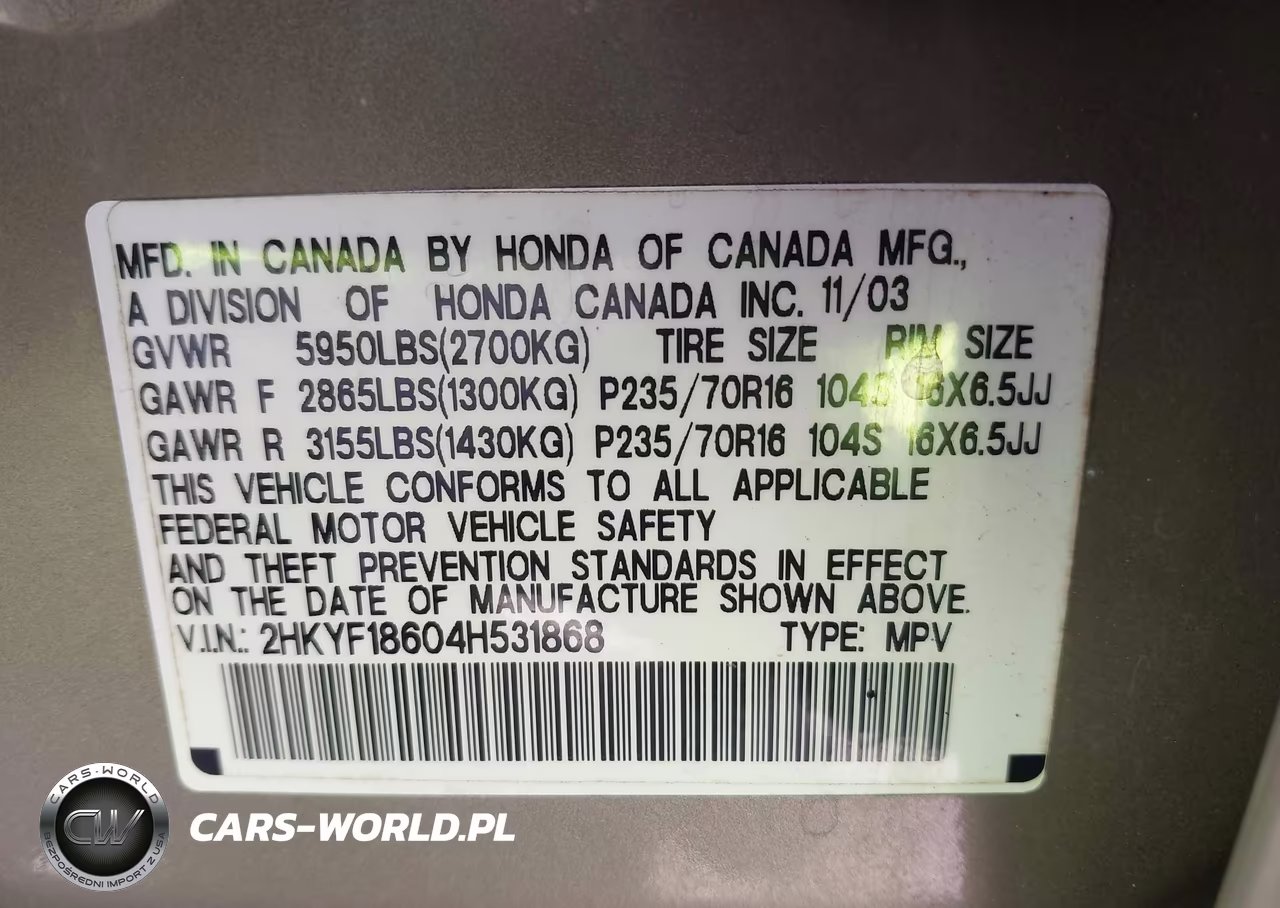 2004 Honda Pilot Ex-L VIN:2HKYF18604H531868 - 9