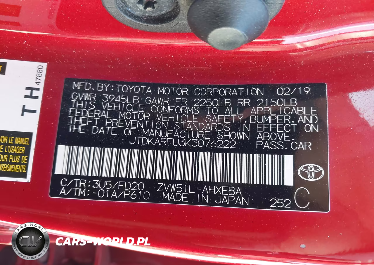 2019 Toyota Prius Le VIN:JTDKARFU3K3076222 - 9