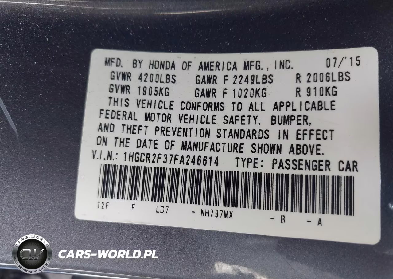 2015 Honda Accord Lx VIN:1HGCR2F37FA246614 - 9