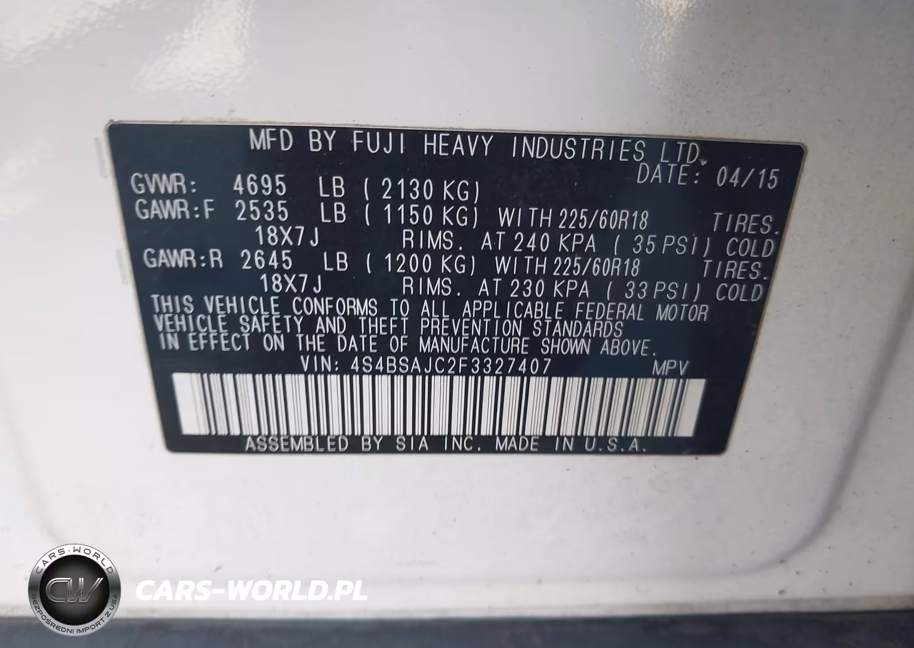 2015 Subaru Outback 2.5I Limited VIN:4S4BSAJC2F3327407 - 9
