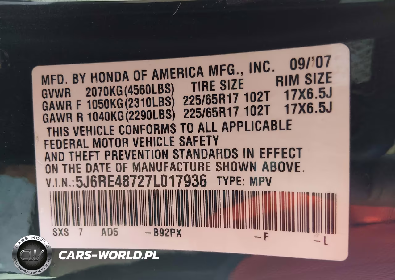 2007 Honda Cr-V Ex-L VIN:5J6RE48727L017936 - 9