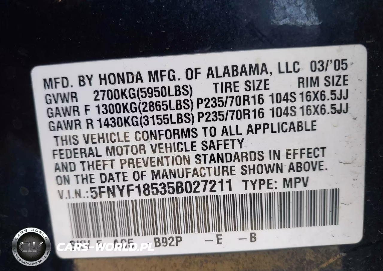 2005 Honda Pilot Ex-L VIN:5FNYF18535B027211 - 9