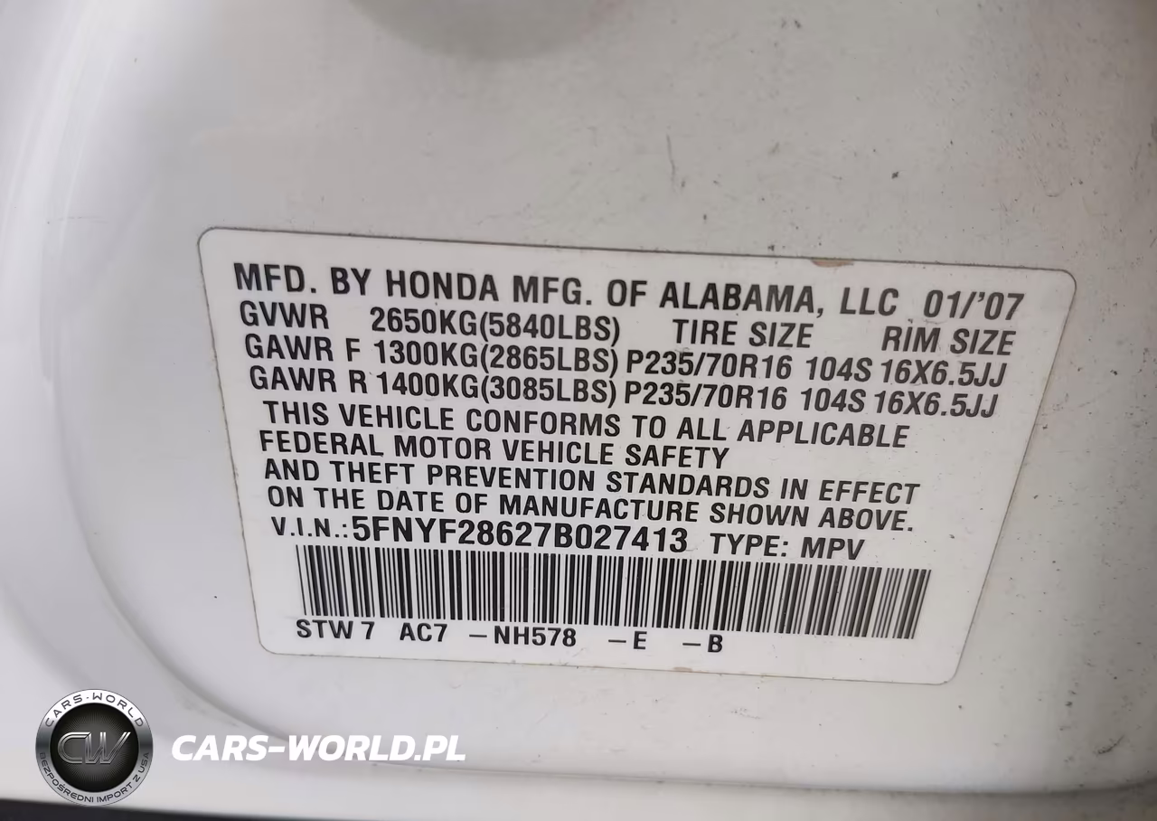 2007 Honda Pilot Ex-L VIN:5FNYF28627B027413 - 9